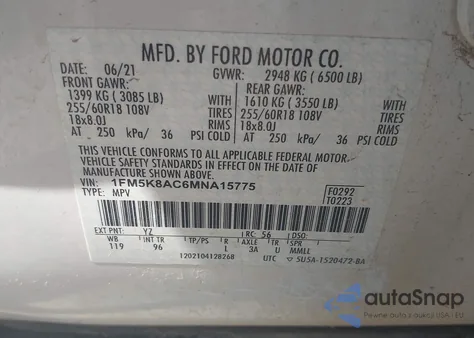 2021 Ford Explorer Police Interceptor z USA, uszkodzony, nr VIN 1FM5K8AC6MNA15775